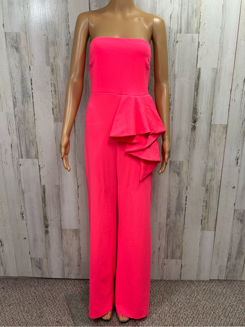 Gibiu Strapless Tube Top Ruffle Detail Wide-Leg Jumpsuit in Hot Pink